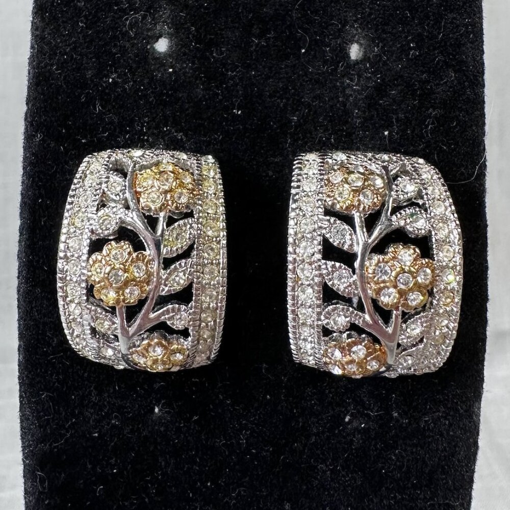 Silver and Gold Tone Floral Rhinestone Half Hoop Earrings